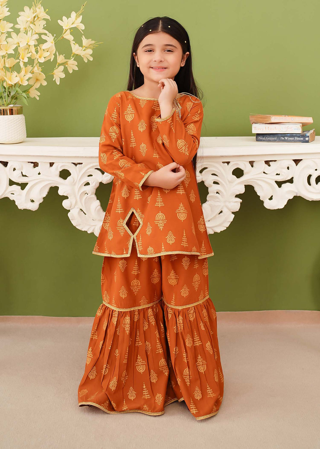 Modest - Printed Mustard Linen Gharara - Girls 3 Piece Suit