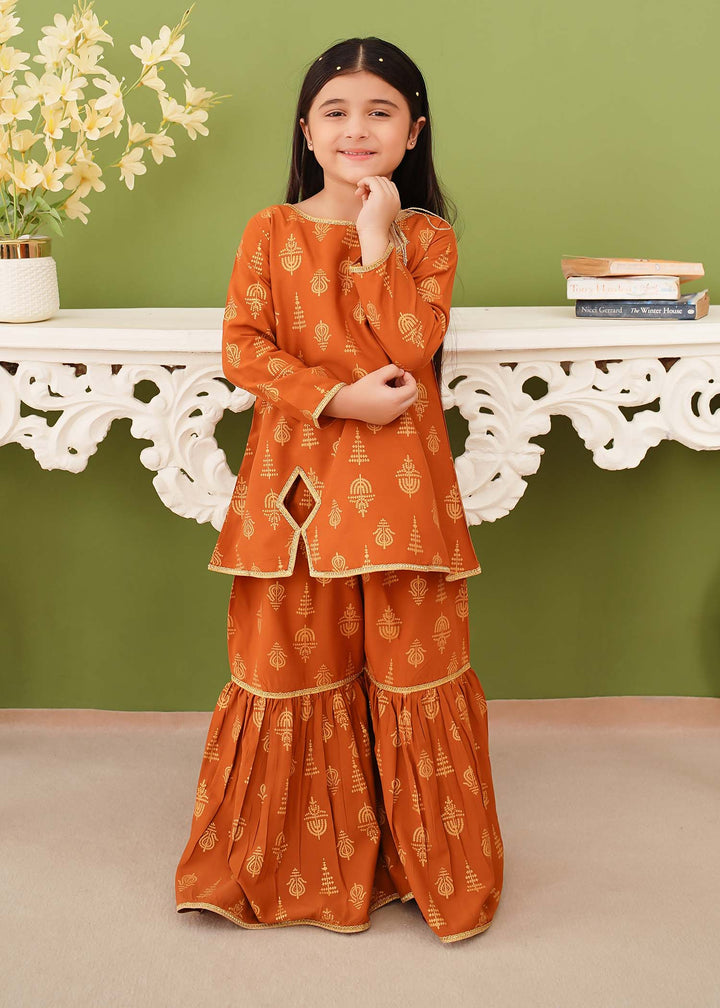 Modest - Printed Mustard Linen Gharara - Girls 3 Piece Suit