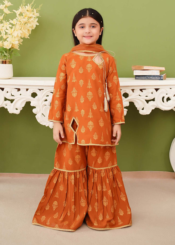 Modest - Printed Mustard Linen Gharara - Girls 3 Piece Suit