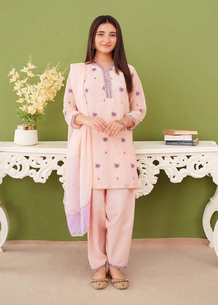 Modest - Peach Chiffon Embroidered - Girls 3 Piece Suit