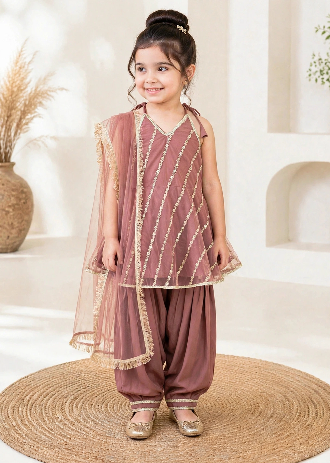 Modest 3 Piece Net Embroidered Tea Pink Suit