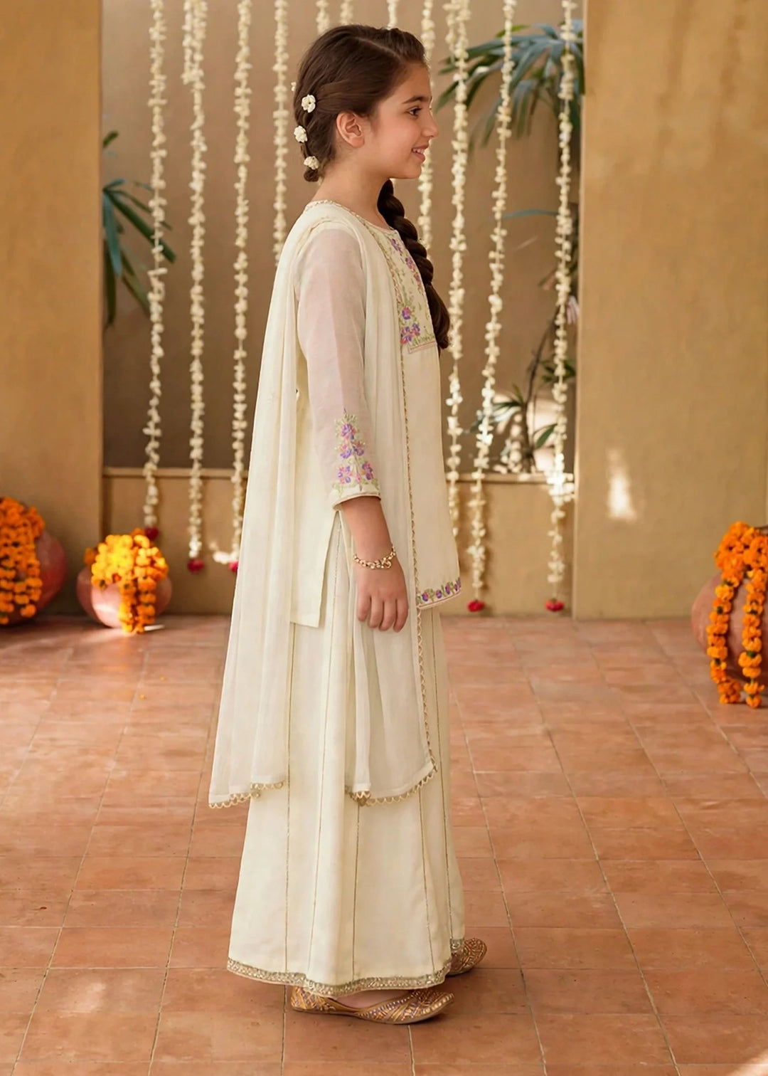 Modest 3 Piece Off White Chiffon Embroidered Sharara