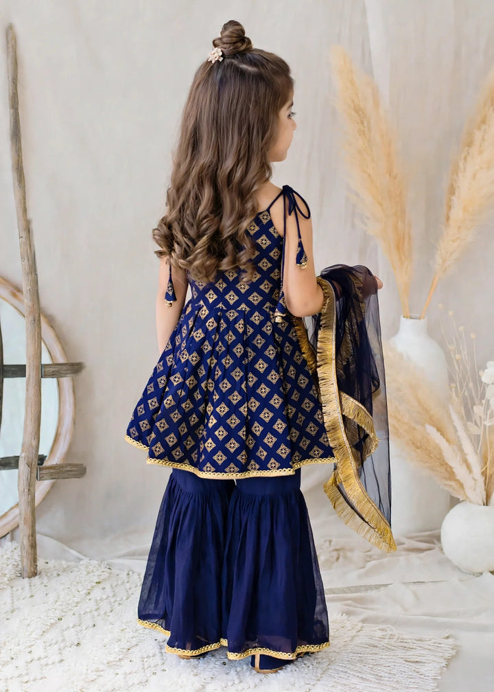 Modest 3 Piece Printed Rawsilk Blue Gharara
