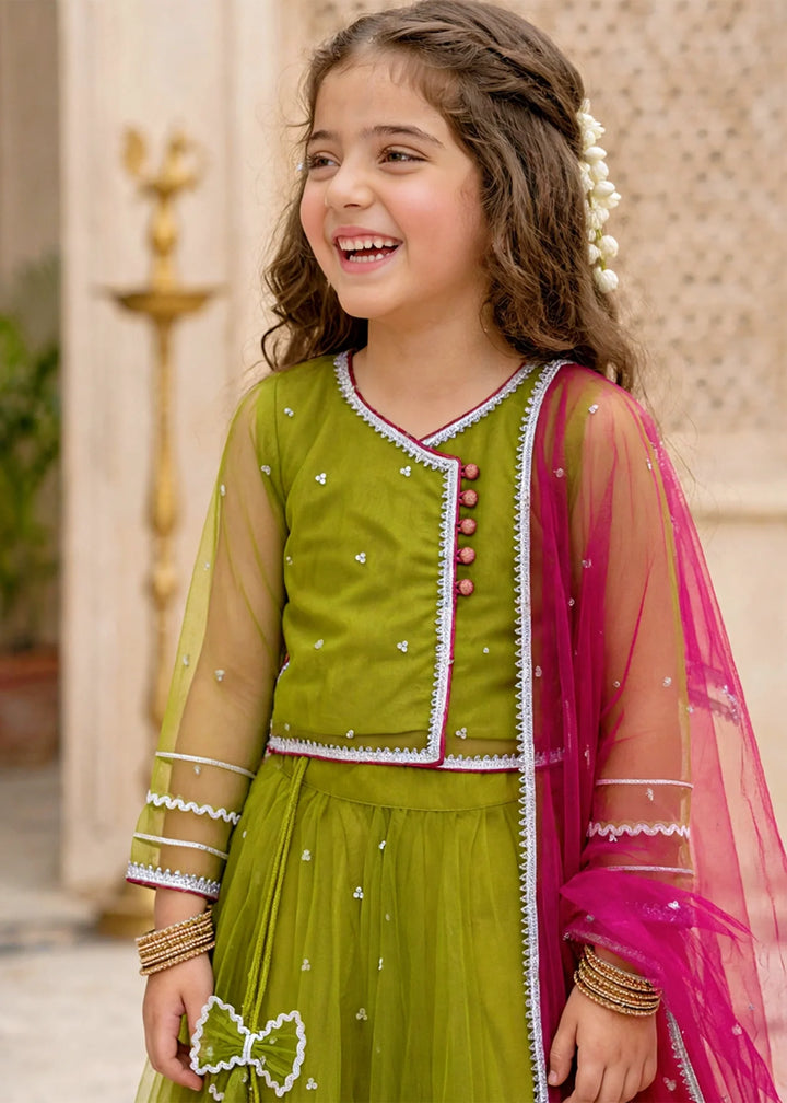 Modest Girls 3 Piece Green Net Lehenga