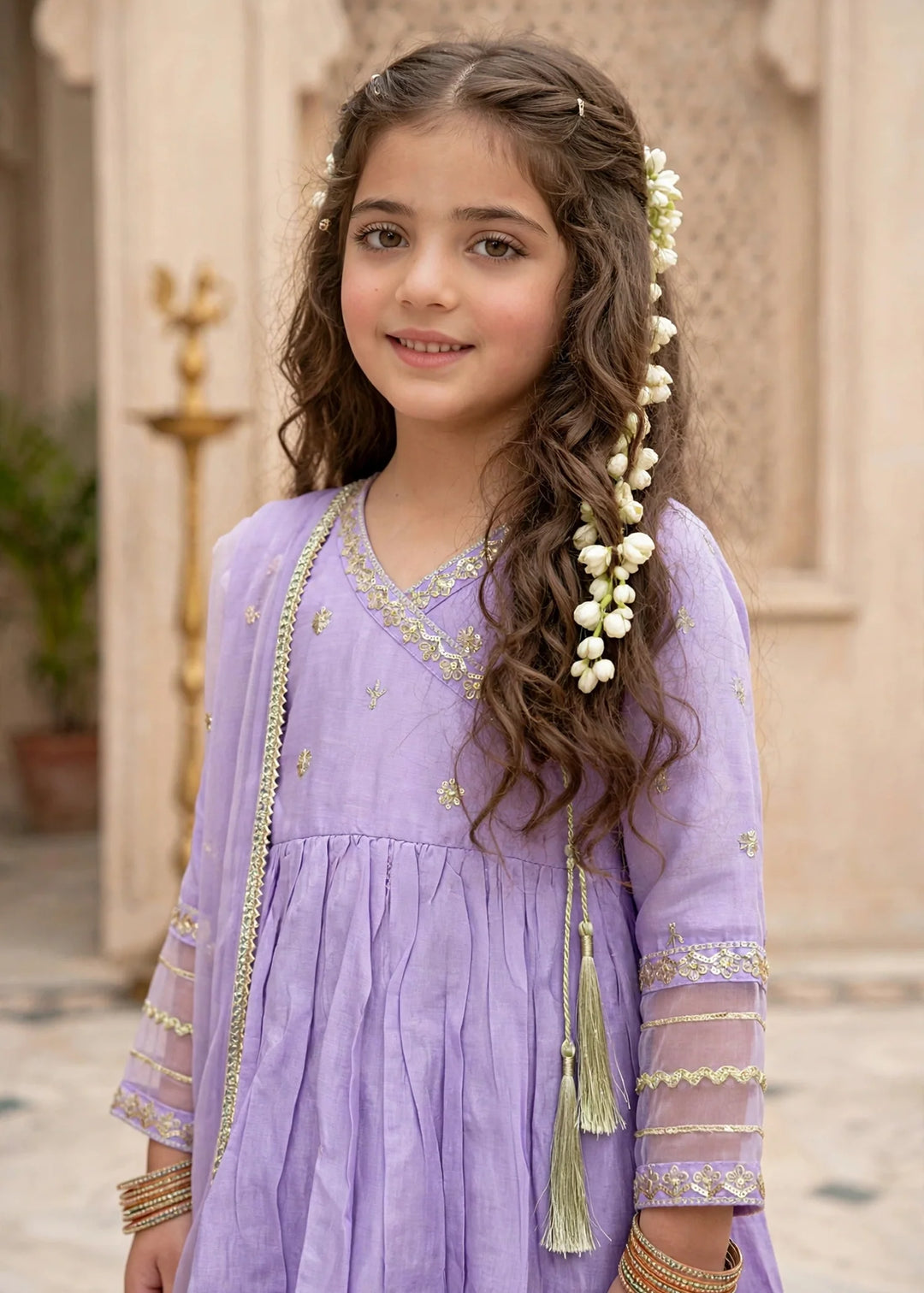 Modest Girls 3 Piece Cotton Silk Embroidered Anghrakha Dress Purple