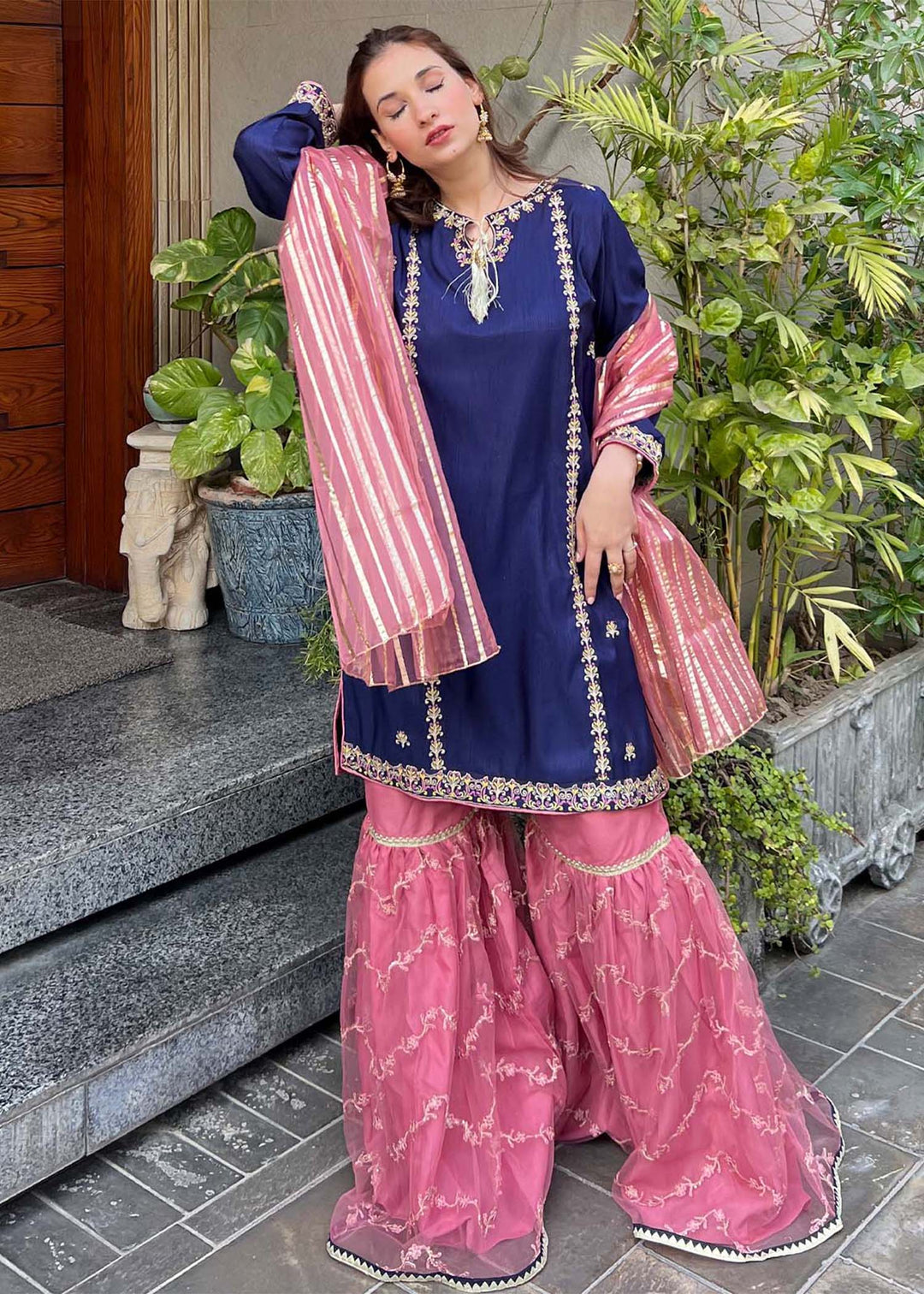 Modest - Gulnoor Rawsilk Gharara Suit For Women - Blue - 3 Piece