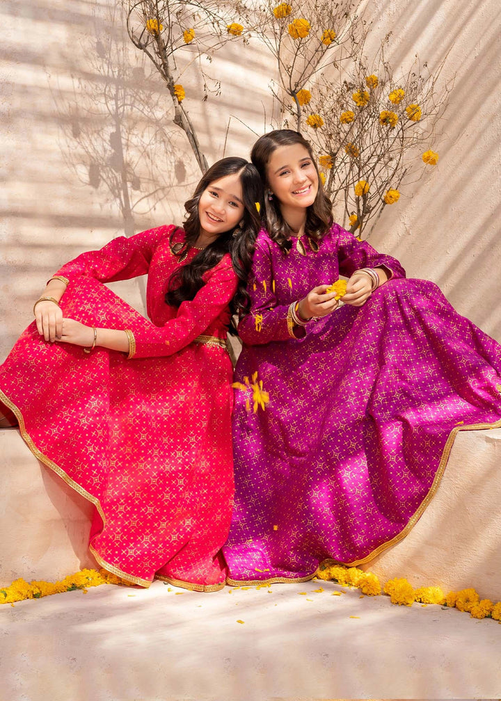 Modest - Pink Rawsilk Printed Frock For Girl - 3 Piece