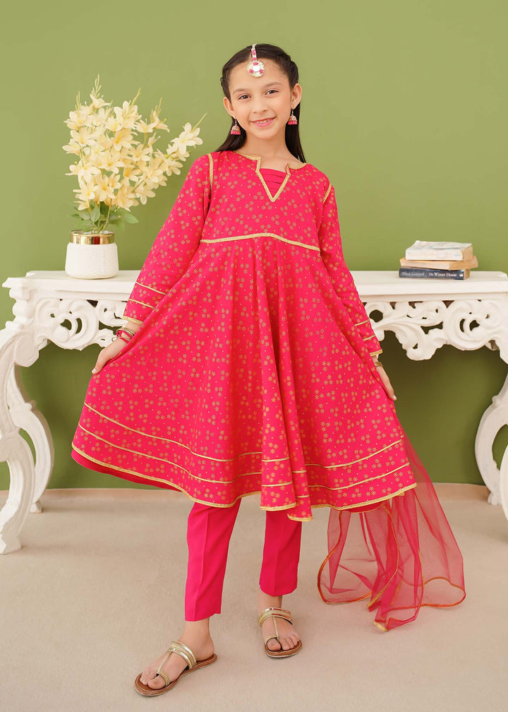 Modest - Pink Linen Printed - Girls 3 Piece Suit