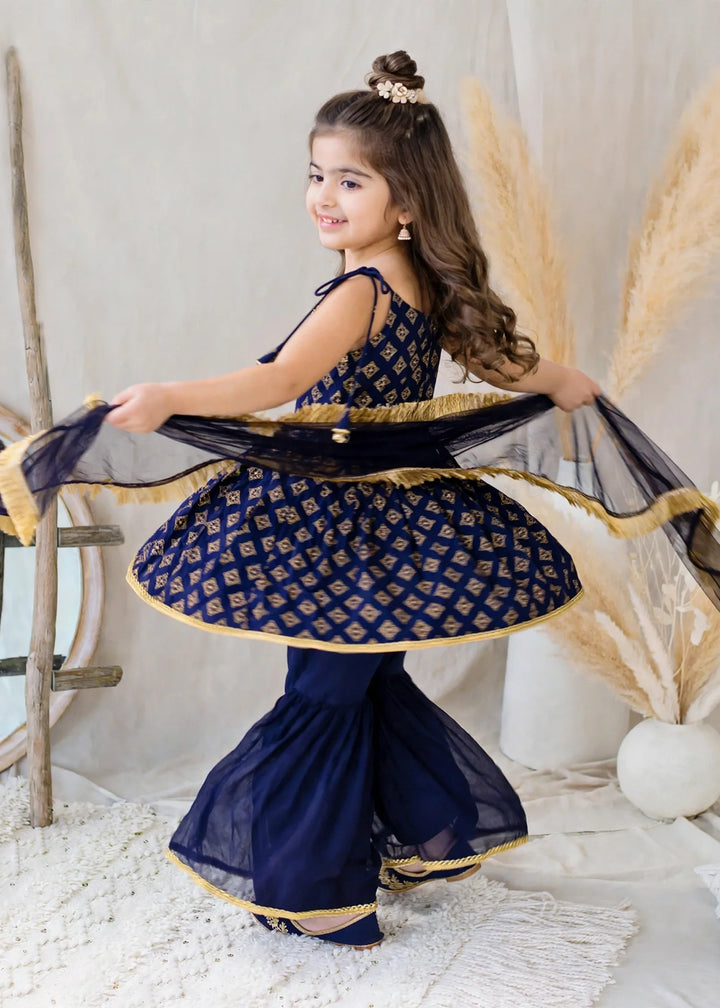 Modest 3 Piece Printed Rawsilk Blue Gharara