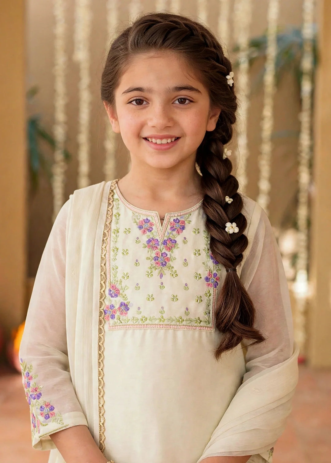 Modest 3 Piece Off White Chiffon Embroidered Sharara
