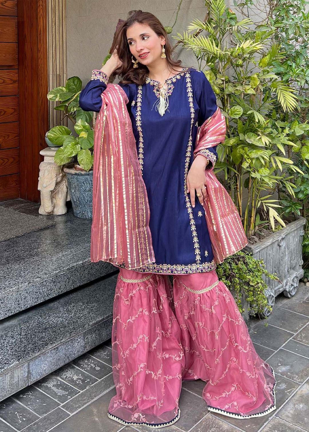 Modest - Gulnoor Rawsilk Gharara Suit For Women - Blue - 3 Piece
