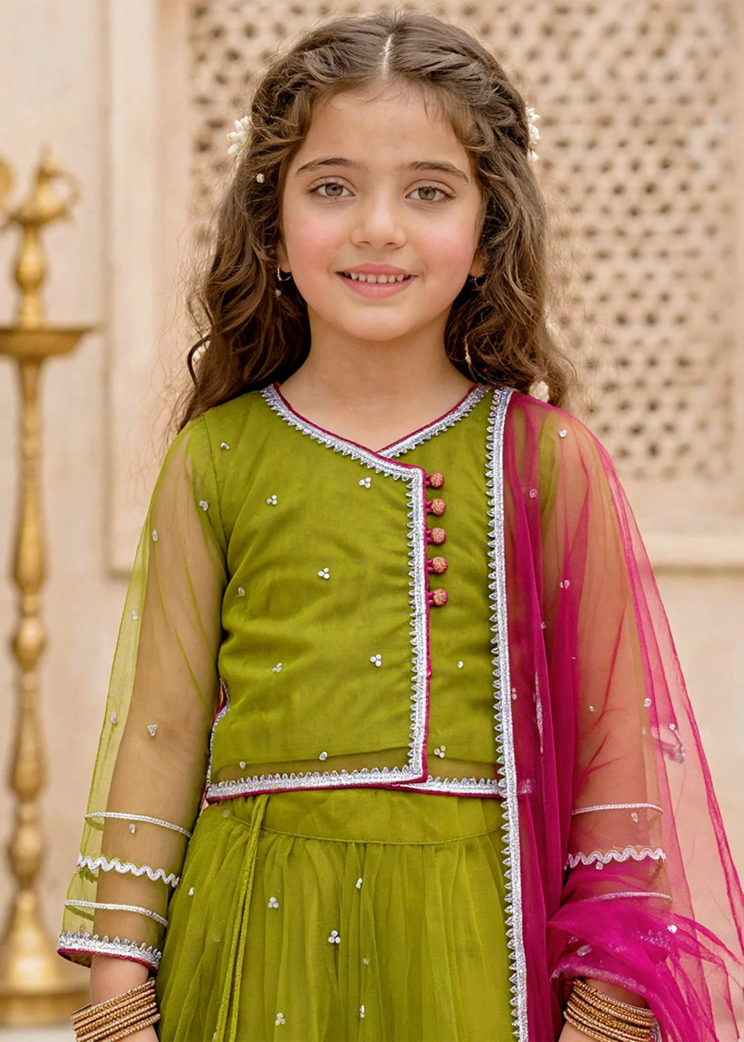 Modest Girls 3 Piece Green Net Lehenga