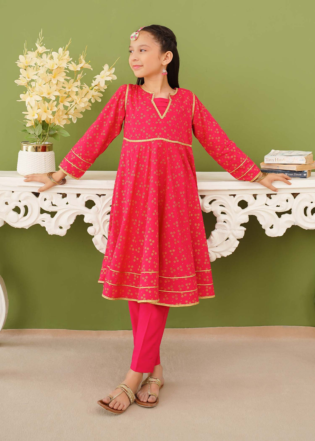 Modest - Pink Linen Printed - Girls 3 Piece Suit
