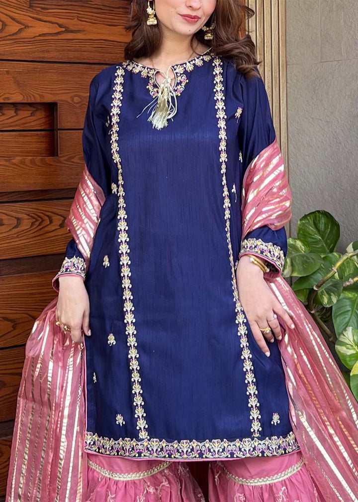Modest - Gulnoor Rawsilk Gharara Suit For Women - Blue - 3 Piece