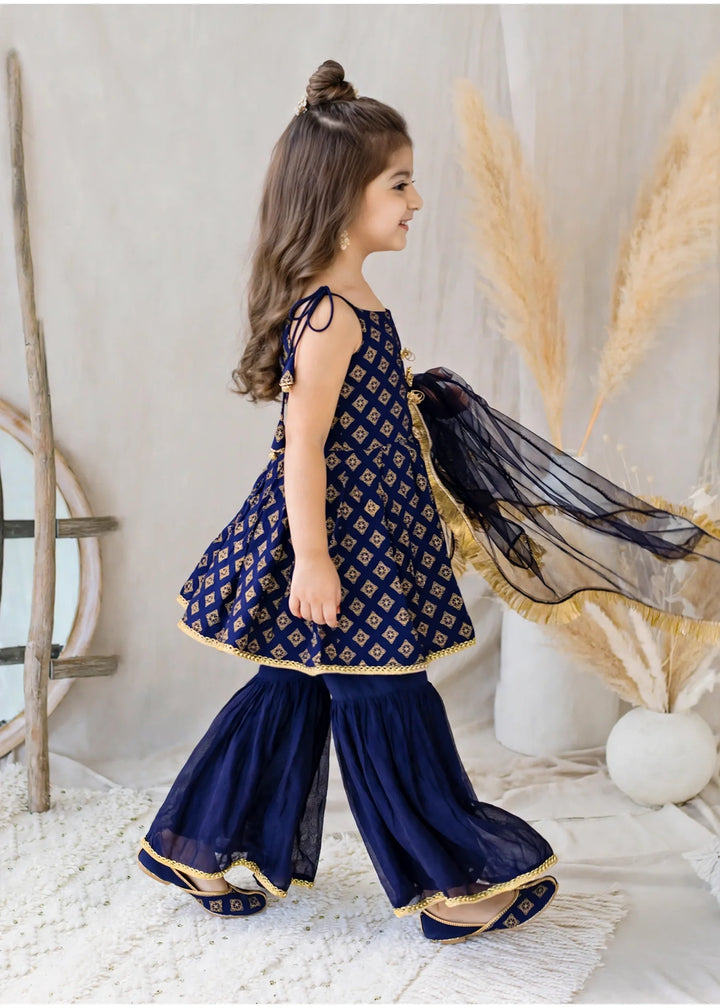 Modest 3 Piece Printed Rawsilk Blue Gharara
