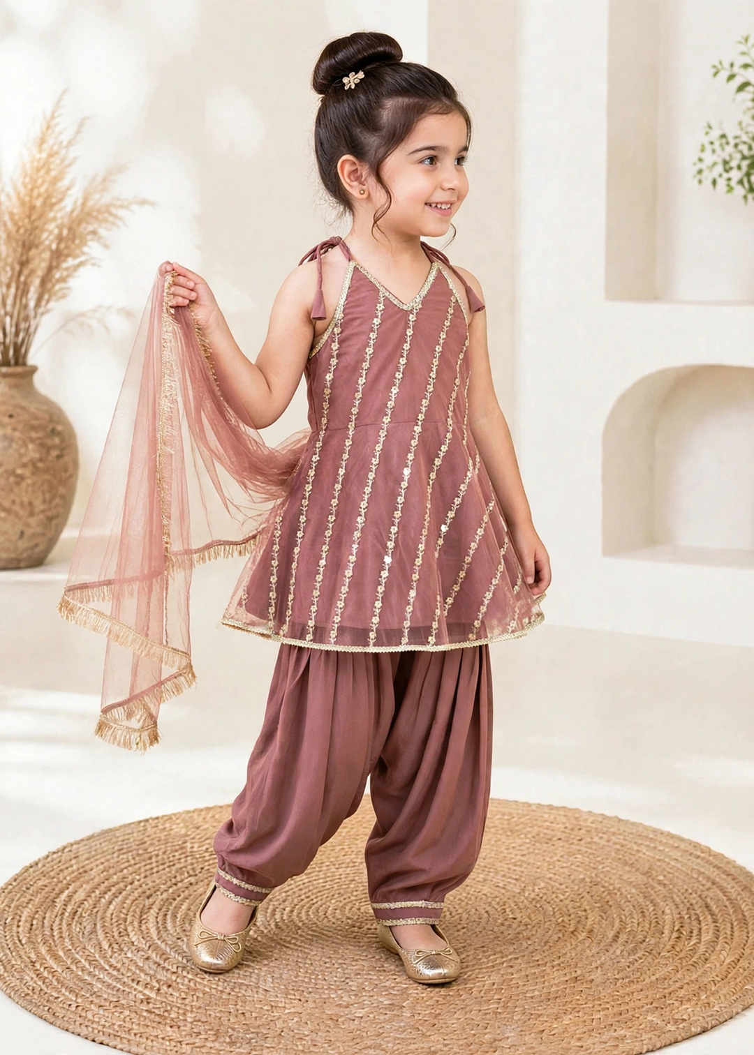 Modest 3 Piece Net Embroidered Tea Pink Suit