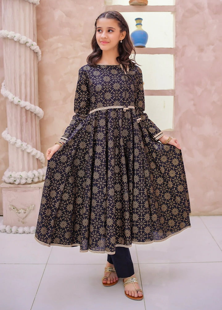 Modest - Cotton Printed Frock For Girl - Black - 3 Piece