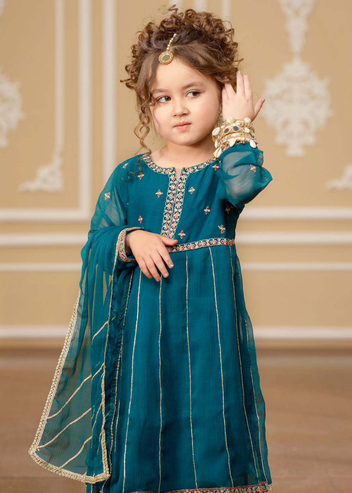 Modest - Embroidered Chiffon Suit For Girl - Teal Blue - 3 Piece