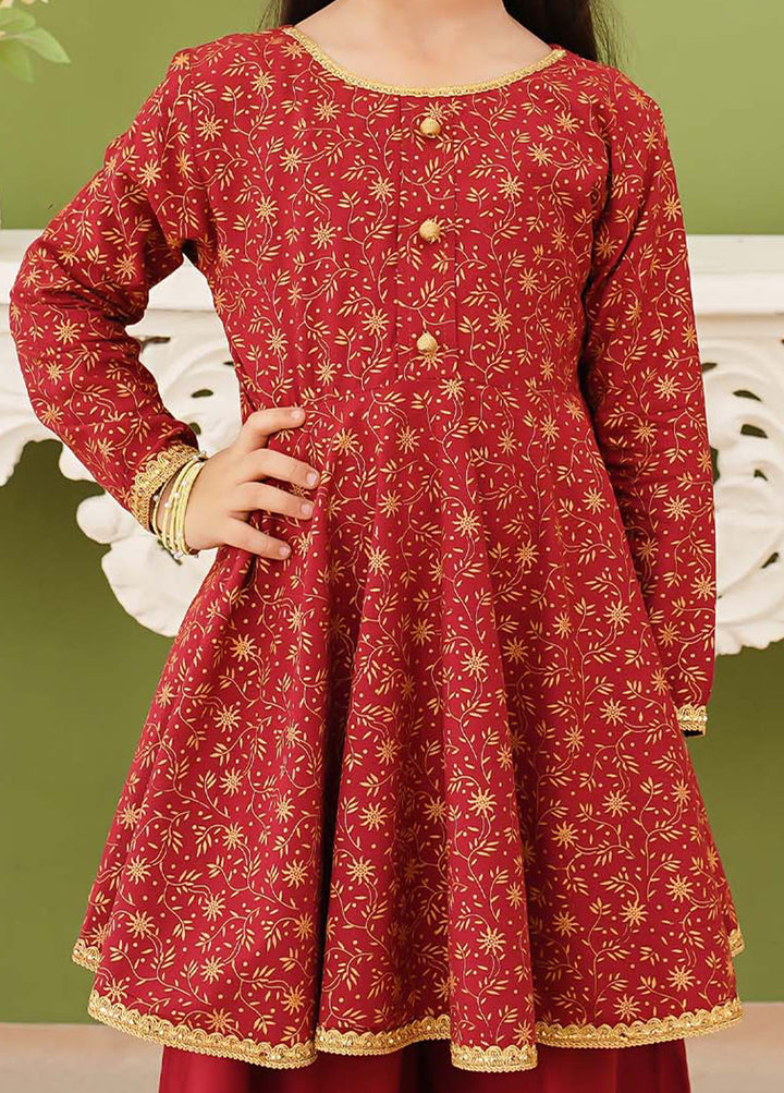 Modest - Maroon Printed Linen Gharara - Girls 3 Piece Suit