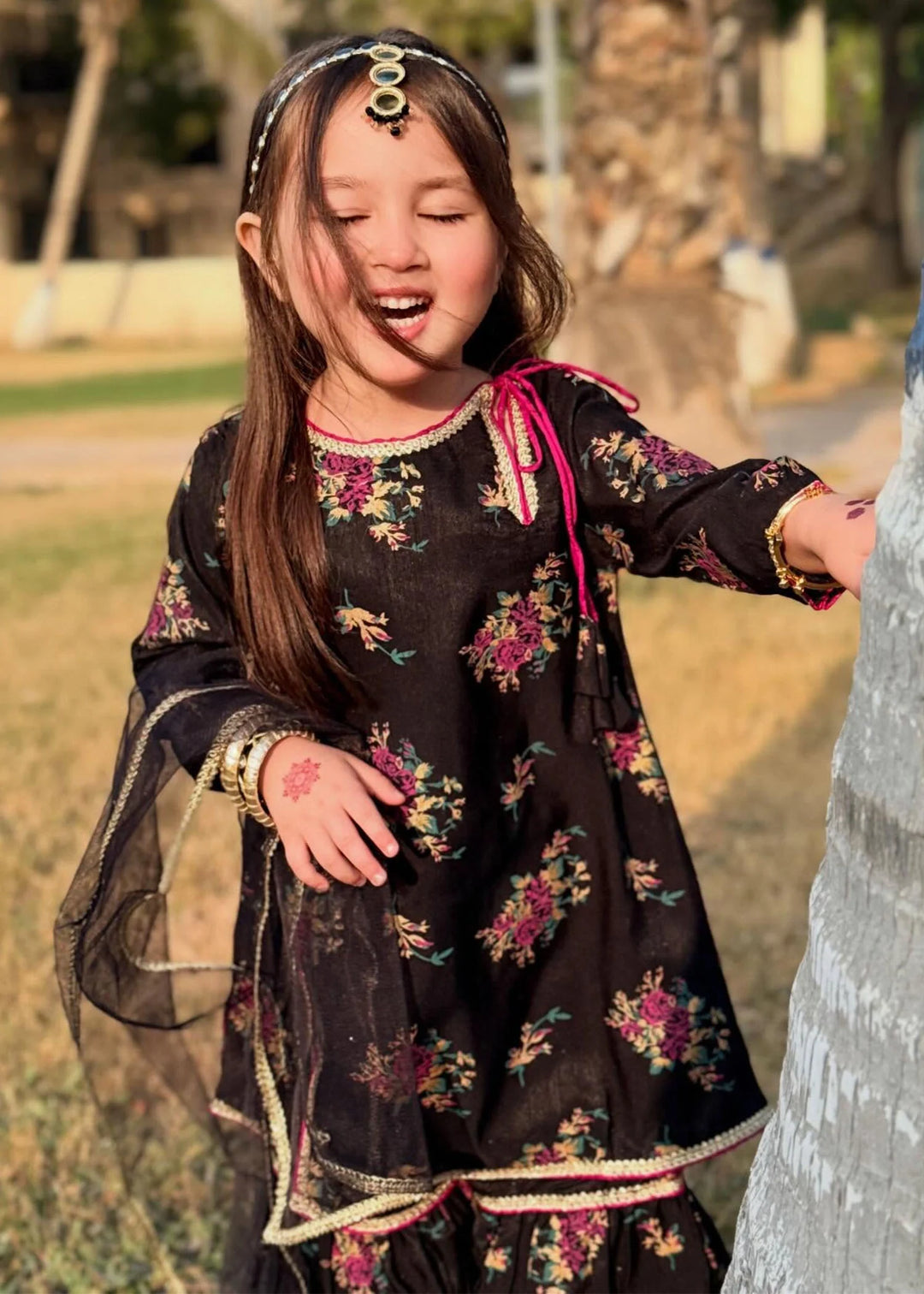 Modest - Printed Rawsilk Dress For Girl - Black - 3 Piece