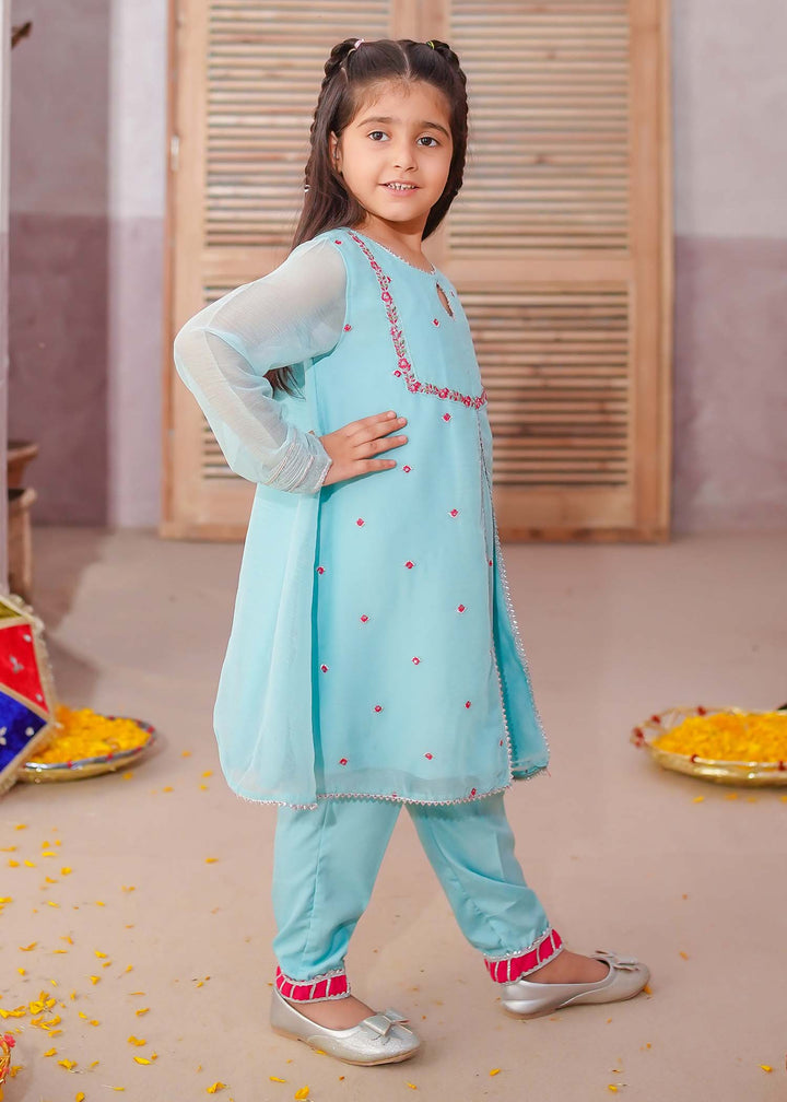Modest - Embroidered Chiffon Suit For Girl - Sky Blue - 3 Piece