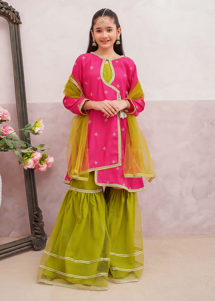 Modest - Rawsilk Embroidered Gharara Suit For Girl - Pink - 3 Piece