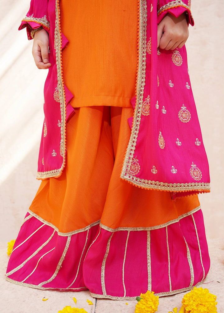 Modest - Orange Rawsilk Embroidered Gharara For Girl - 3 Piece