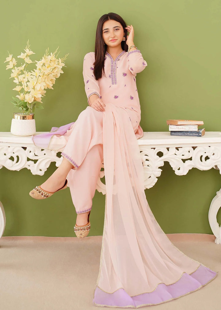 Modest - Chiffon Embroidered Suit For Girl - Peach - 3 Piece