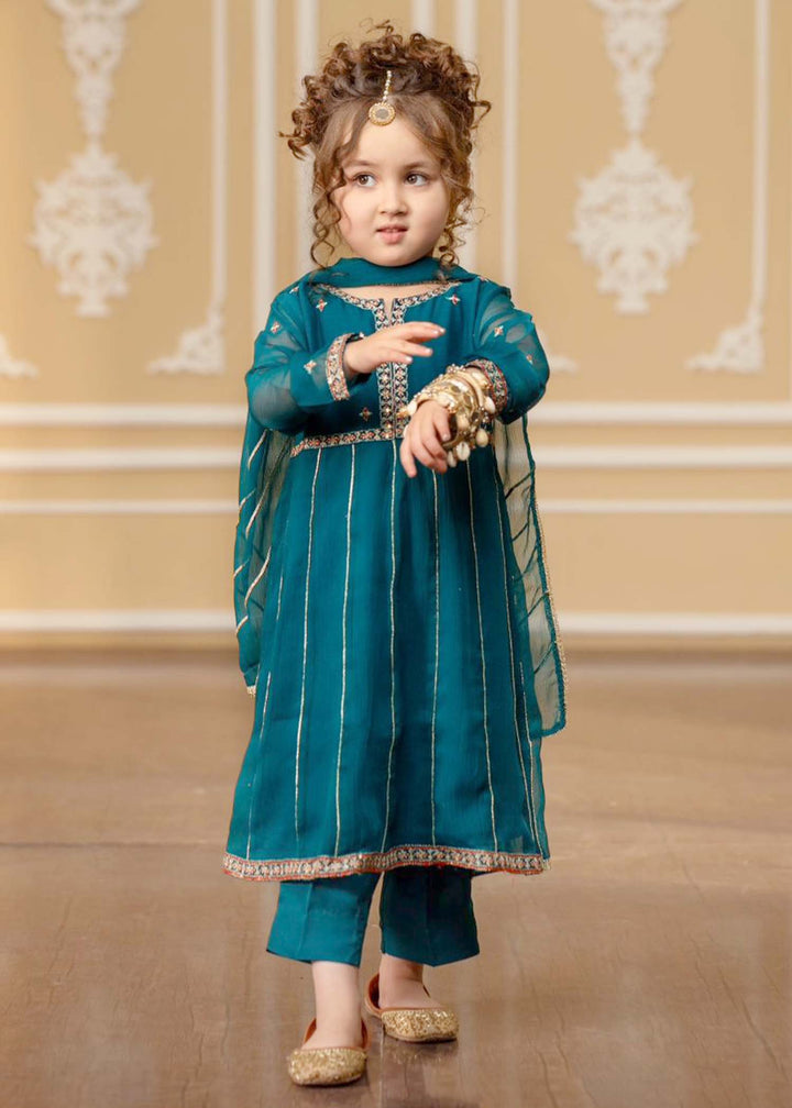 Modest - Embroidered Chiffon Suit For Girl - Teal Blue - 3 Piece