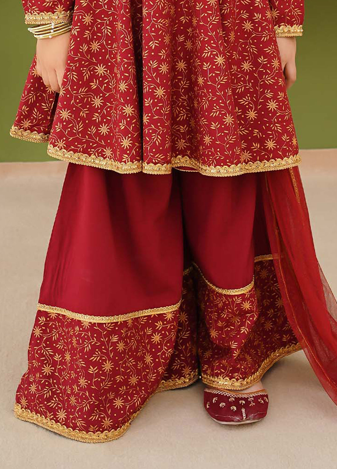 Modest - Maroon Printed Linen Gharara - Girls 3 Piece Suit