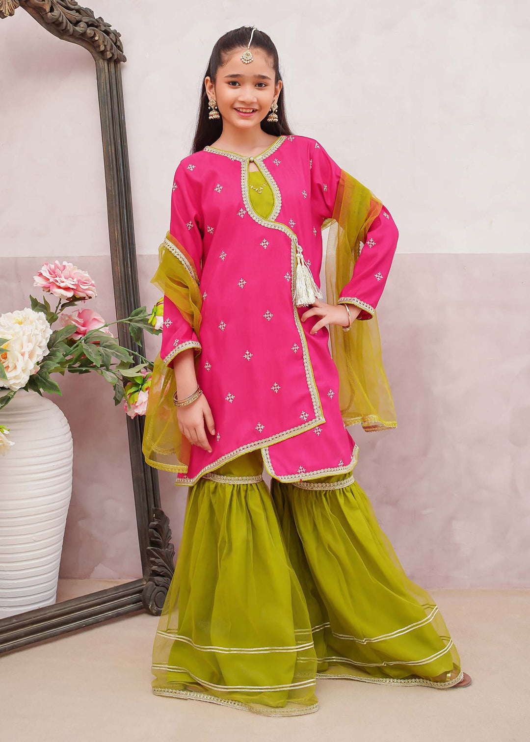 Modest - Rawsilk Embroidered Gharara Suit For Girl - Pink - 3 Piece