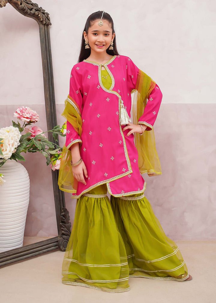 Modest - Rawsilk Embroidered Gharara Suit For Girl - Pink - 3 Piece