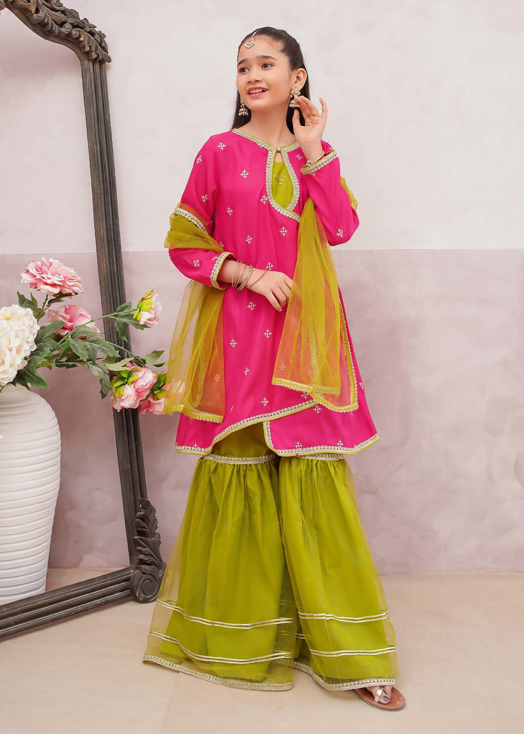 Modest - Rawsilk Embroidered Gharara Suit For Girl - Pink - 3 Piece