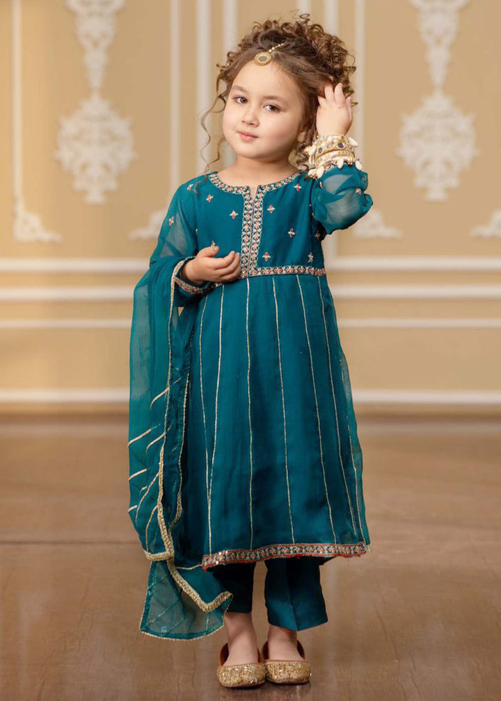 Modest - Embroidered Chiffon Suit For Girl - Teal Blue - 3 Piece