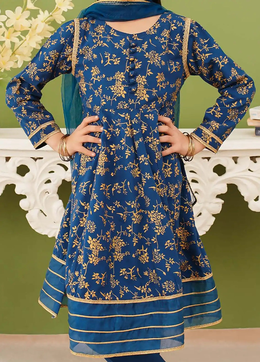 Modest - Cotton Printed Suit For Girl - Blue - 3 Piece