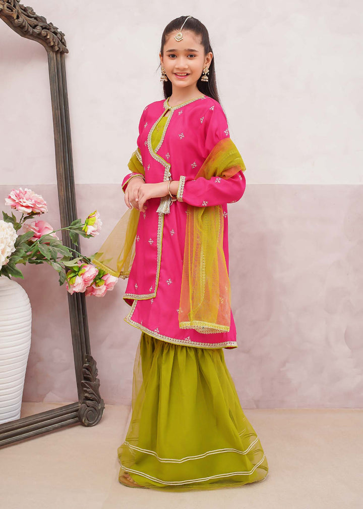 Modest - Rawsilk Embroidered Gharara Suit For Girl - Pink - 3 Piece