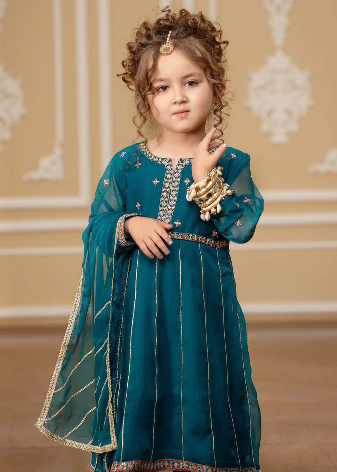Modest - Embroidered Chiffon Suit For Girl - Teal Blue - 3 Piece