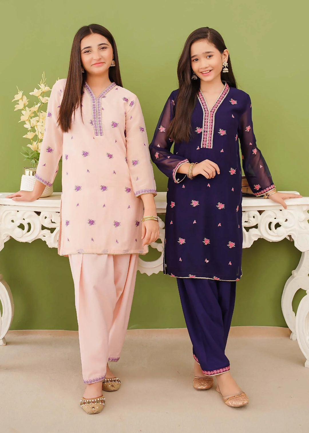 Modest - Chiffon Embroidered Suit For Girl - Peach - 3 Piece