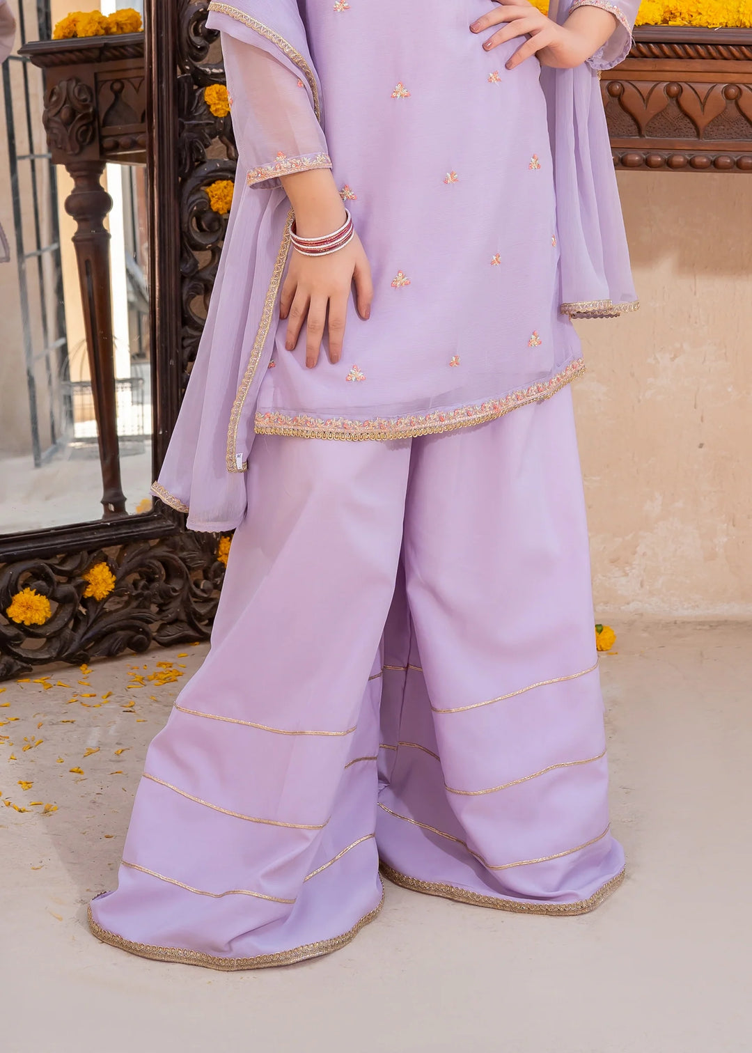 Modest - Lavender Crinkle Embroidered Suit For Girl - 3 Piece
