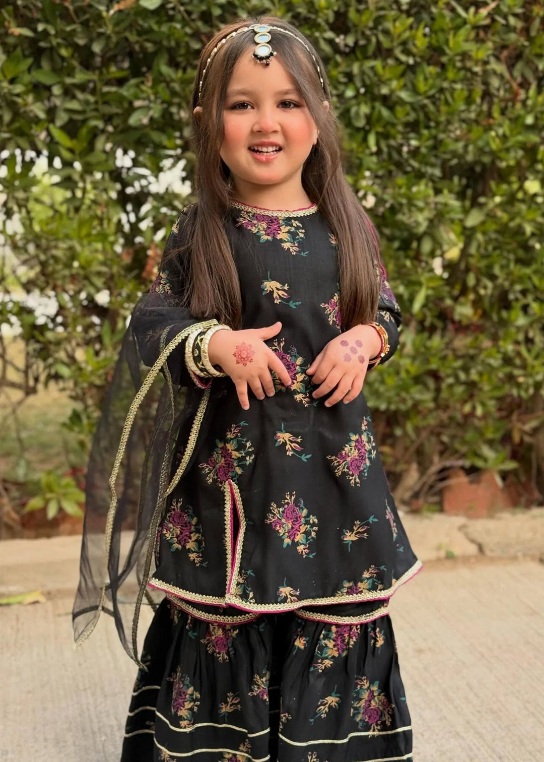 Modest - Printed Rawsilk Dress For Girl - Black - 3 Piece