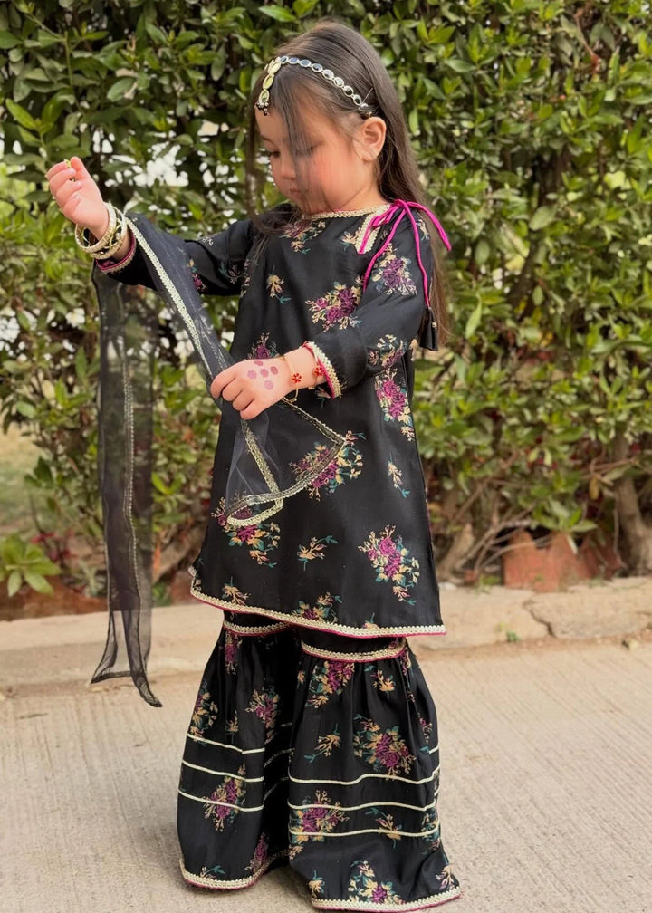 Modest - Printed Rawsilk Dress For Girl - Black - 3 Piece