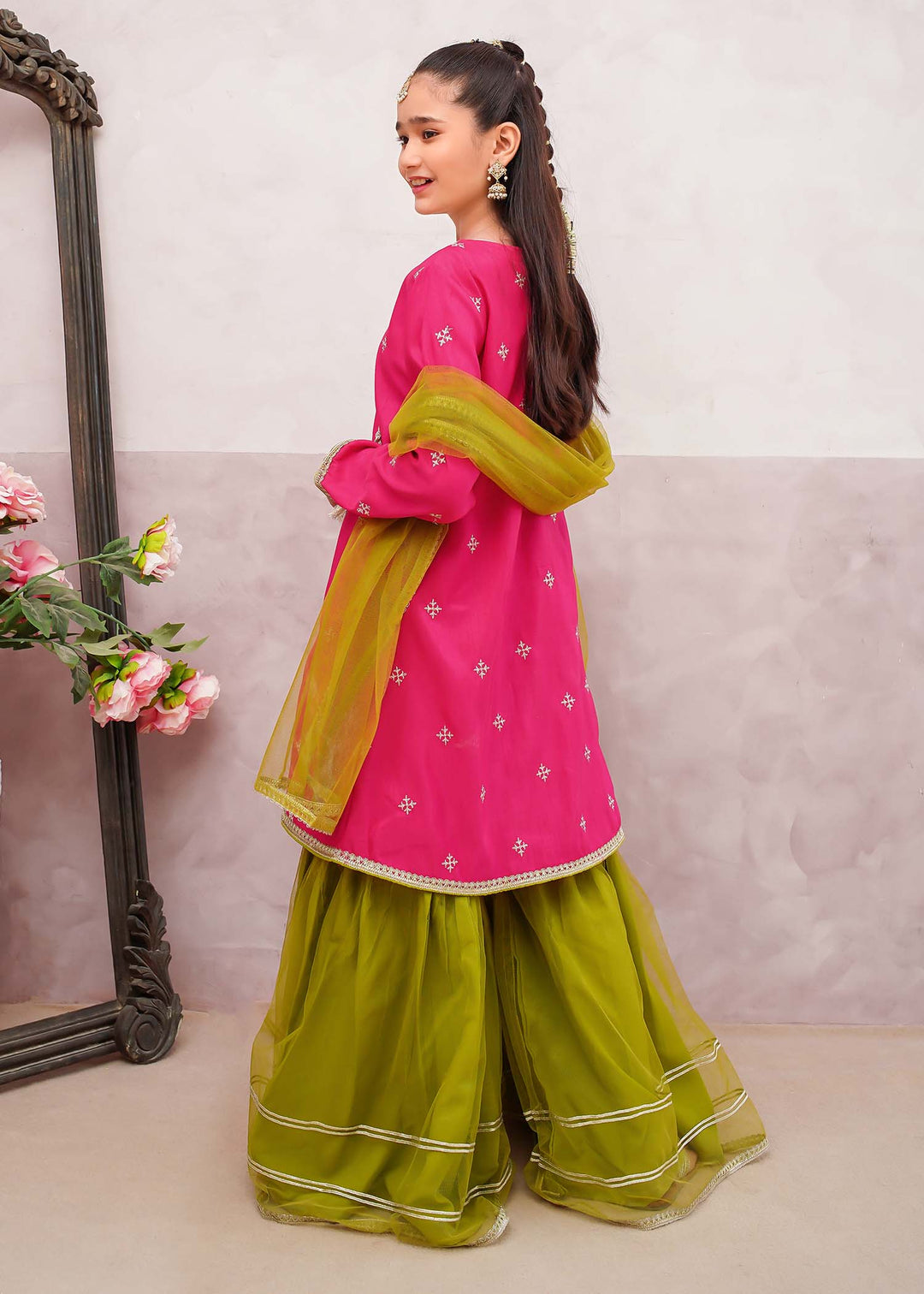 Modest - Rawsilk Embroidered Gharara Suit For Girl - Pink - 3 Piece