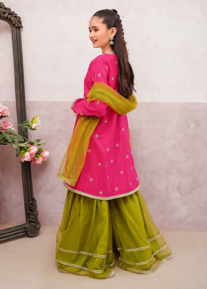 Modest - Rawsilk Embroidered Gharara Suit For Girl - Pink - 3 Piece