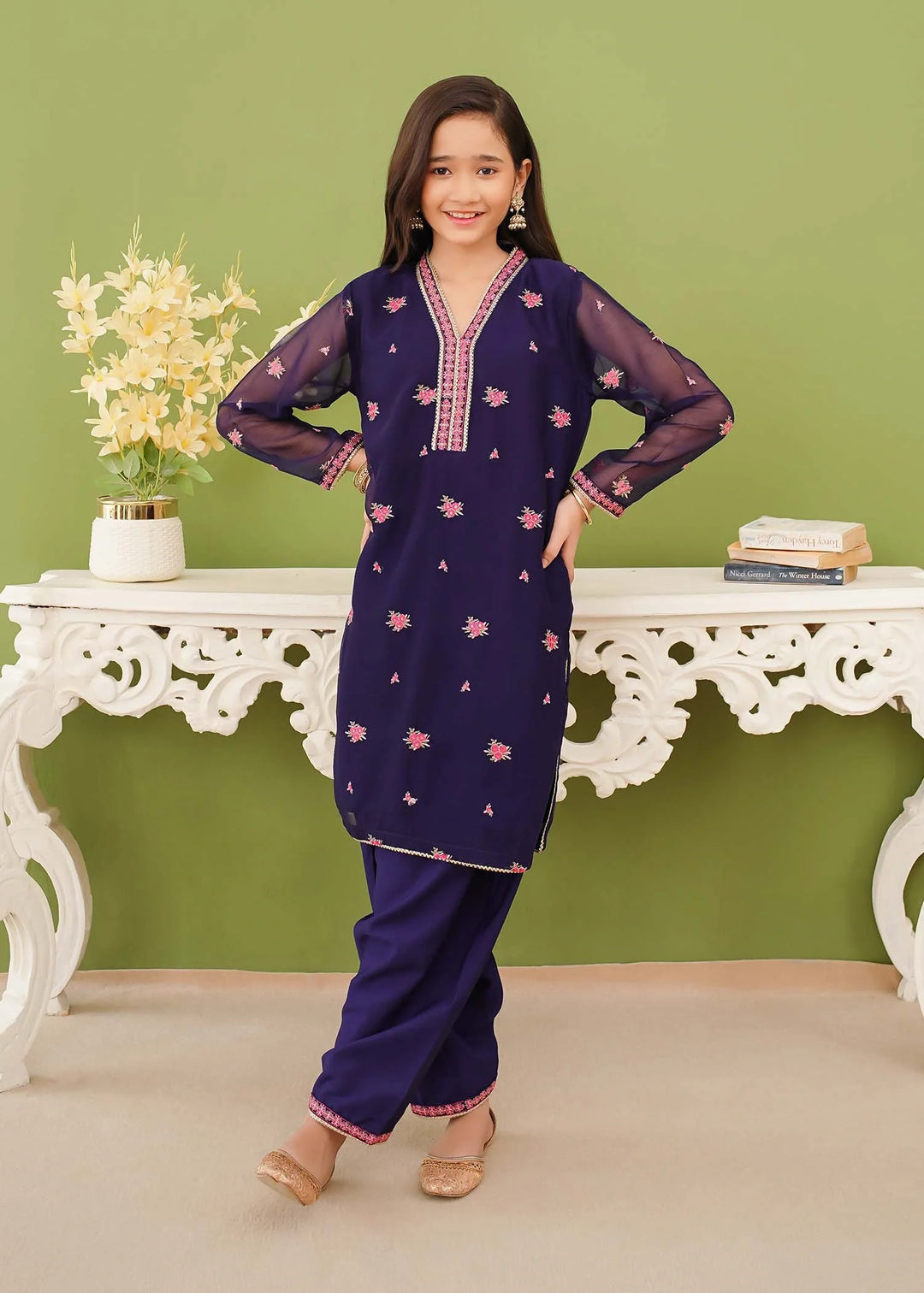 Modest - Chiffon Embroidered Suit For Girl - Blue - 3 Piece