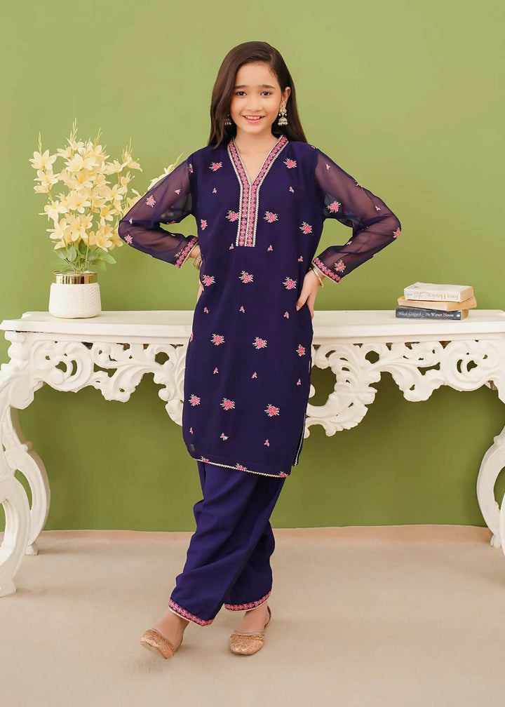 Modest - Chiffon Embroidered Suit For Girl - Blue - 3 Piece