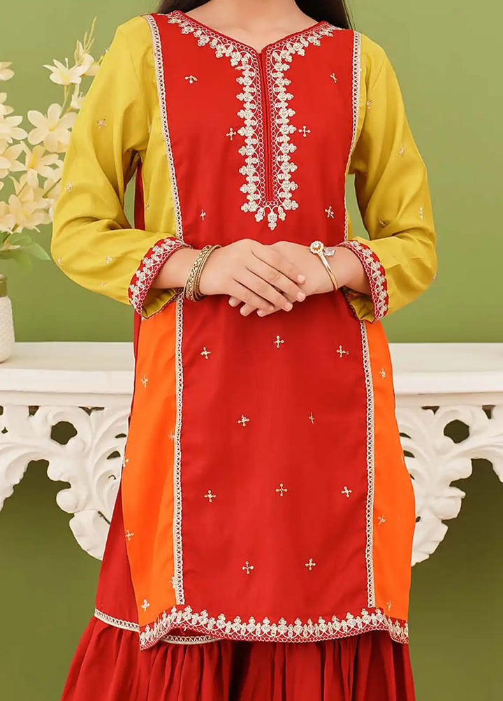 Modest - Rawsilk Embroidered Gharara For Girl - Multi - 3 Piece