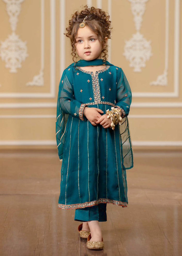 Modest - Embroidered Chiffon Suit For Girl - Teal Blue - 3 Piece