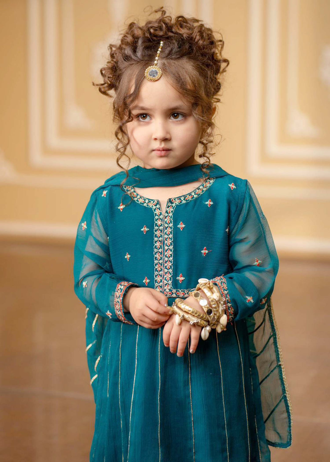 Modest - Embroidered Chiffon Suit For Girl - Teal Blue - 3 Piece