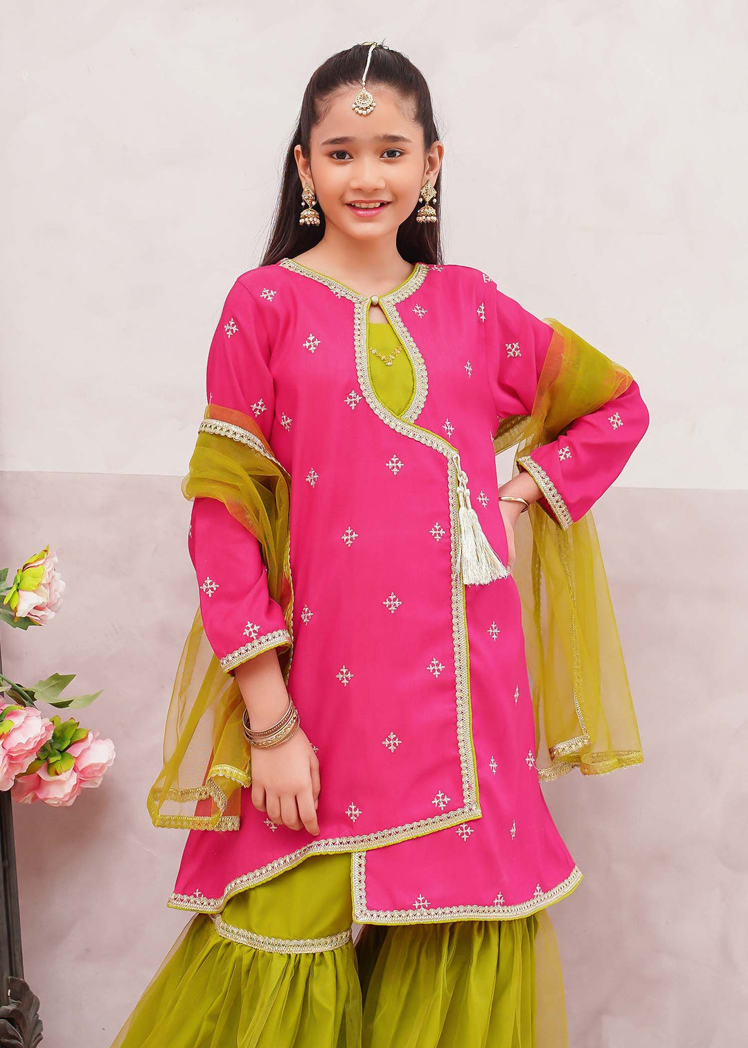 Modest - Rawsilk Embroidered Gharara Suit For Girl - Pink - 3 Piece