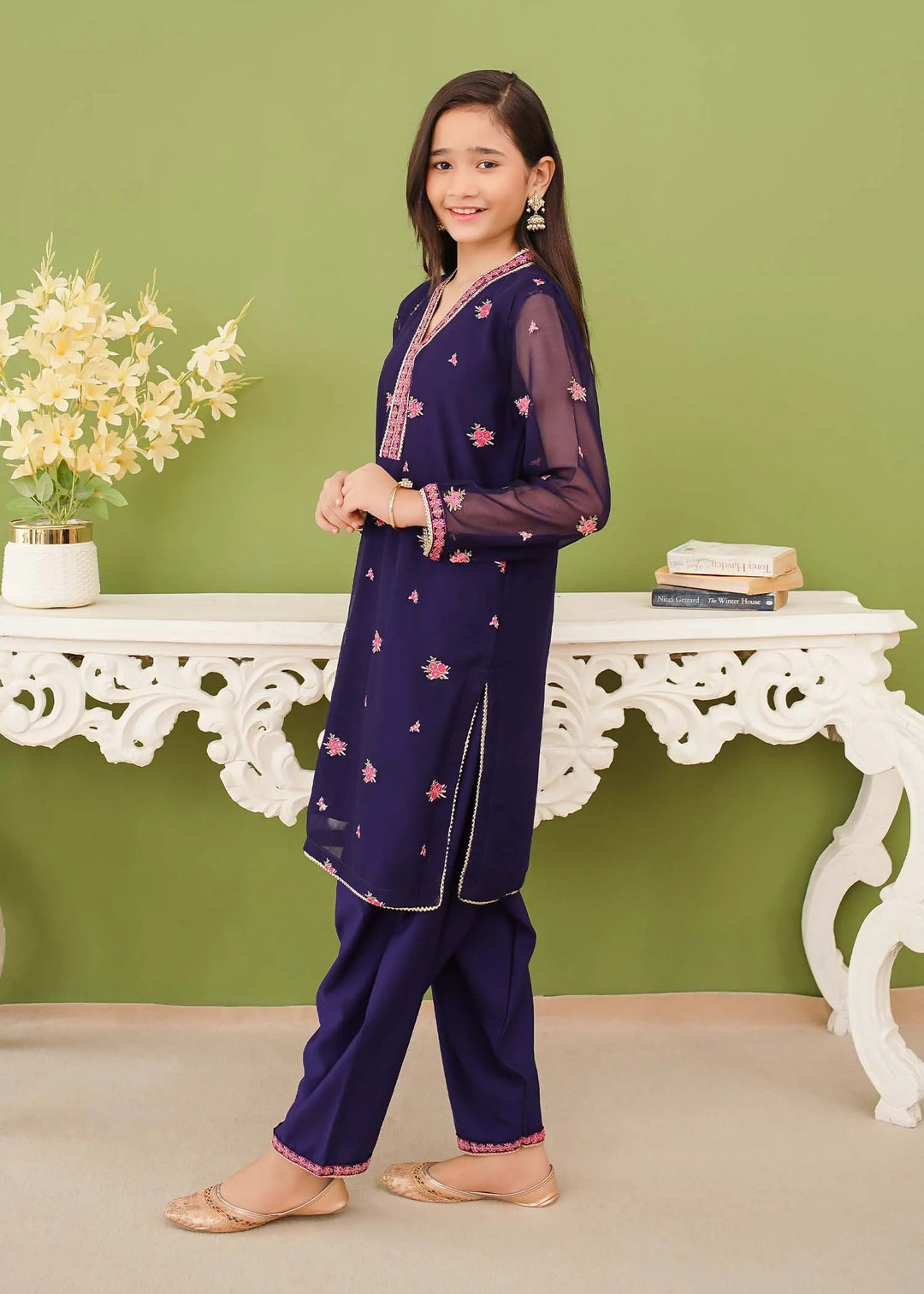 Modest - Chiffon Embroidered Suit For Girl - Blue - 3 Piece
